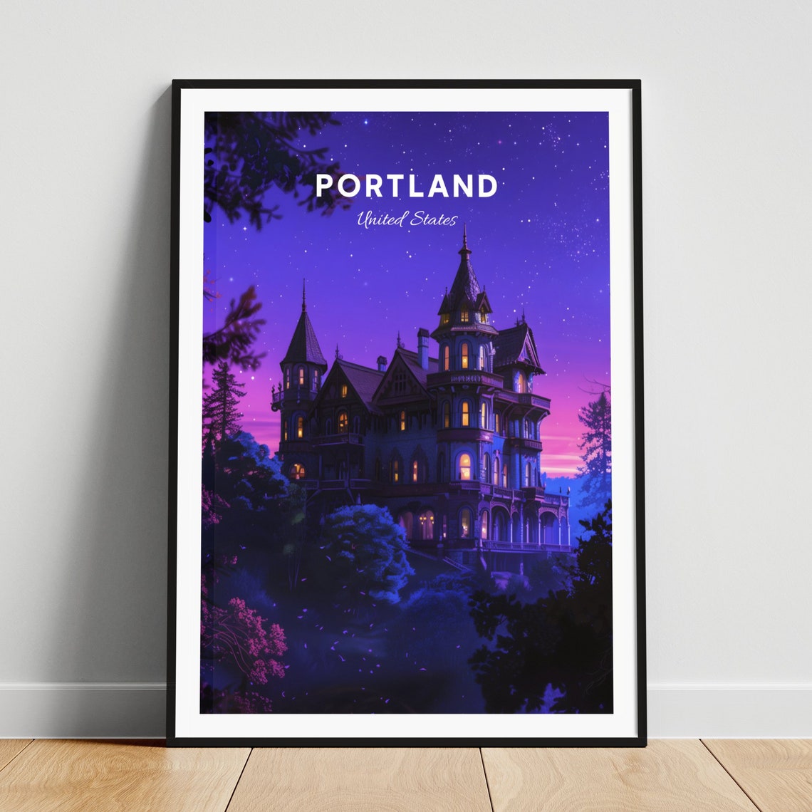 Portland Victorian Mansion Glowing Beneath a Starry Night Sky Poster