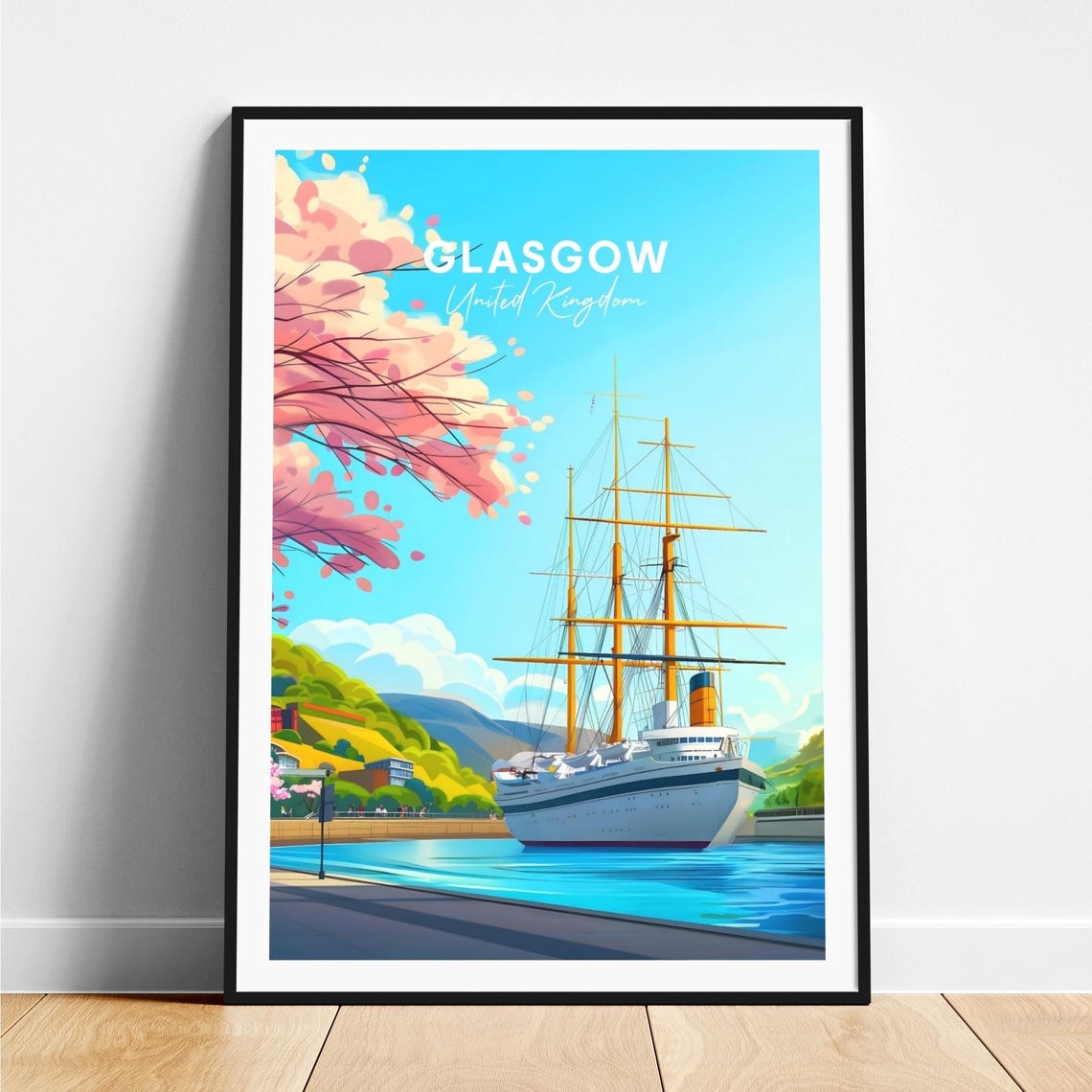Glasgow Tall Ship Harbor Cherry Blossom Hills Spring Travel Poster