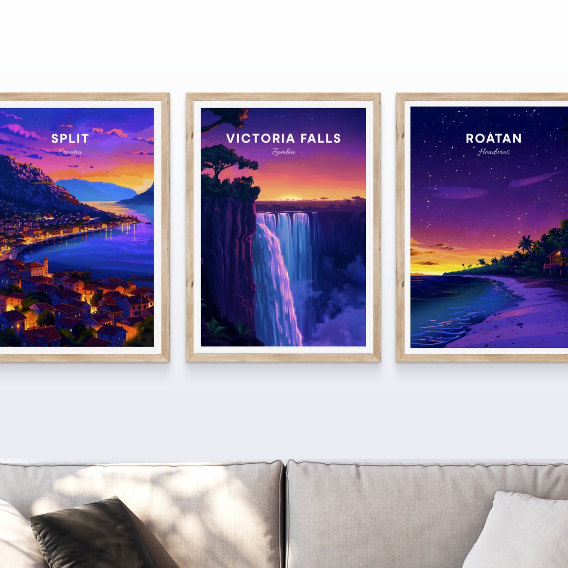 Colorful Split Victoria Falls Roatan Trio Sunset Travel Poster