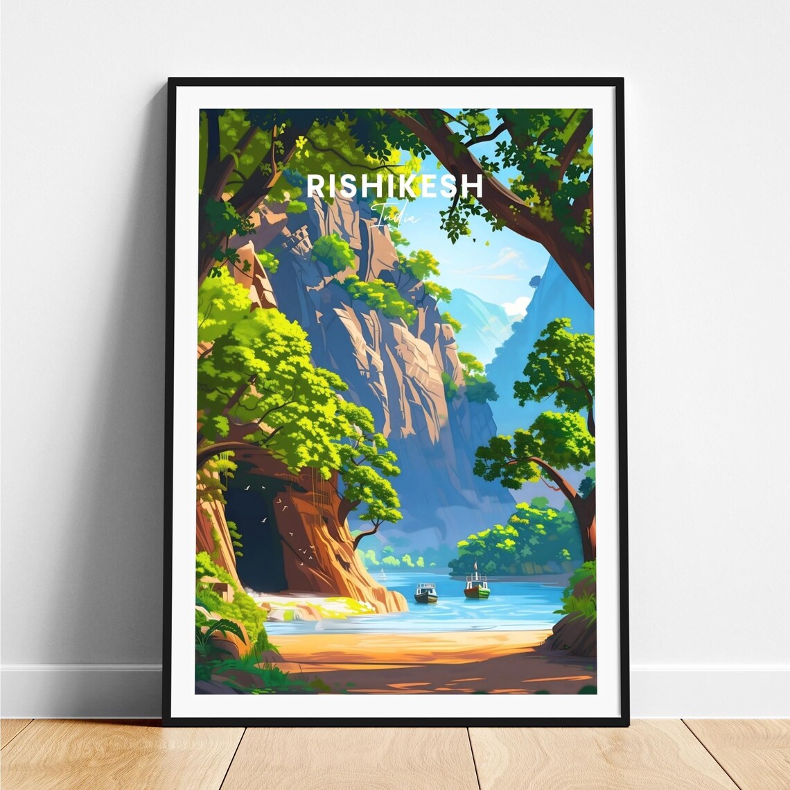 Rishikesh India Ganges River Gorge Boats Scenic Travel Poster