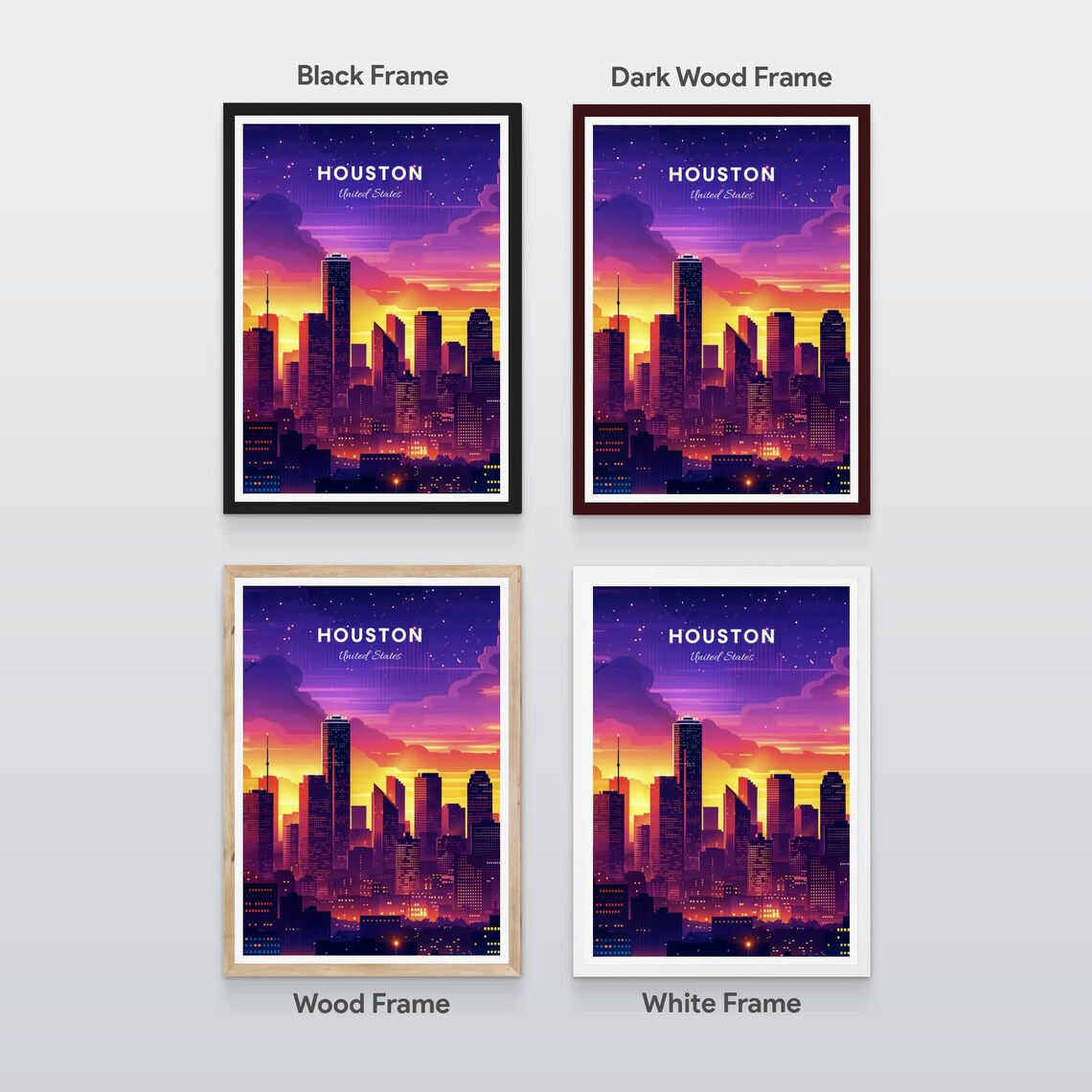 Houston Downtown Skyline at Night in Purple and Orange Poster - Image 2
