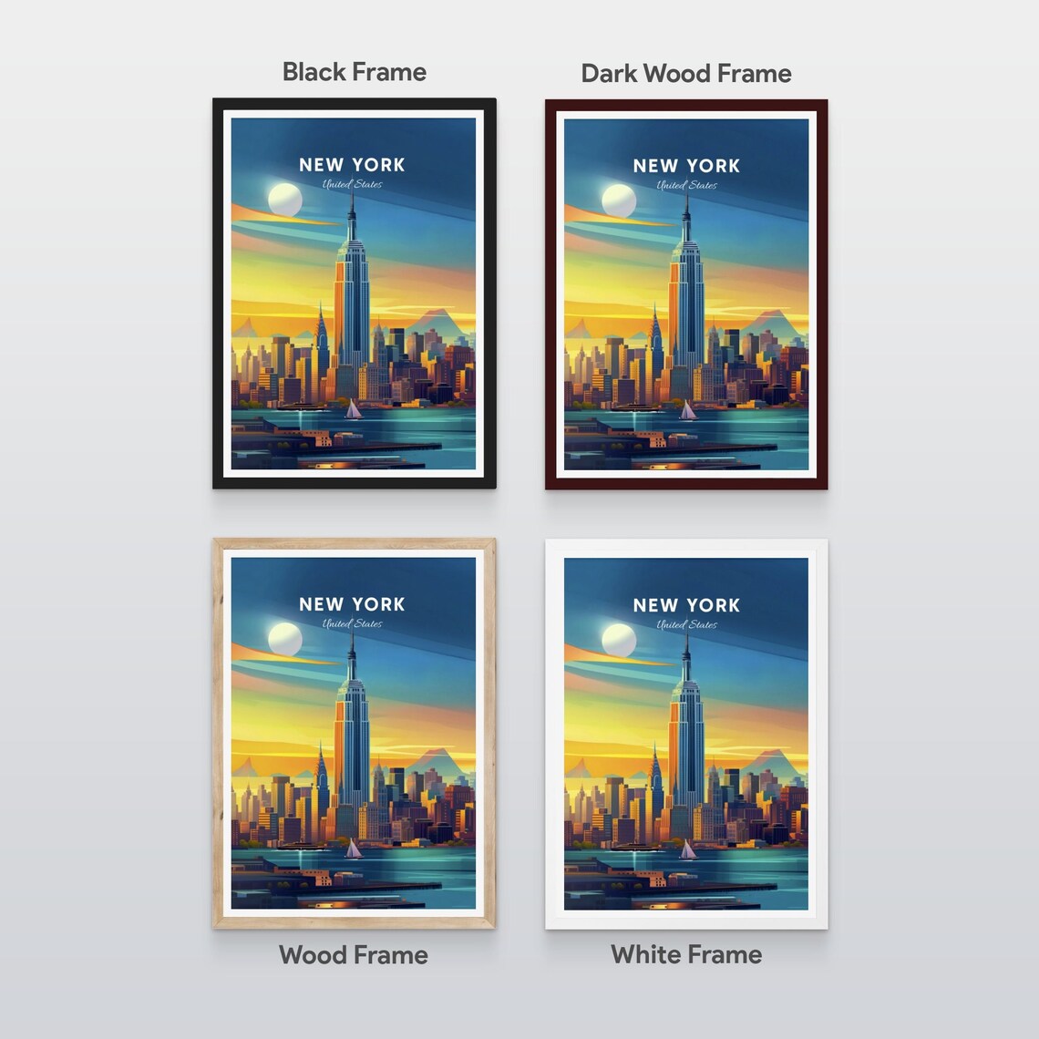 New York Empire State Building Sunset Sailboat Vintage Travel Poster - Image 2