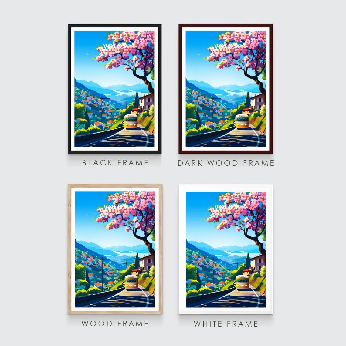 Volos Greece Yellow Bus Mountain Road Blossom Travel Art Poster - Image 3
