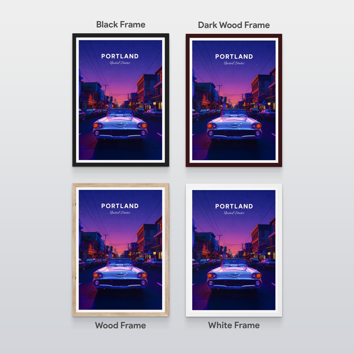 Portland Vintage Convertible on a Neon Lit Night Street Travel Poster - Image 2
