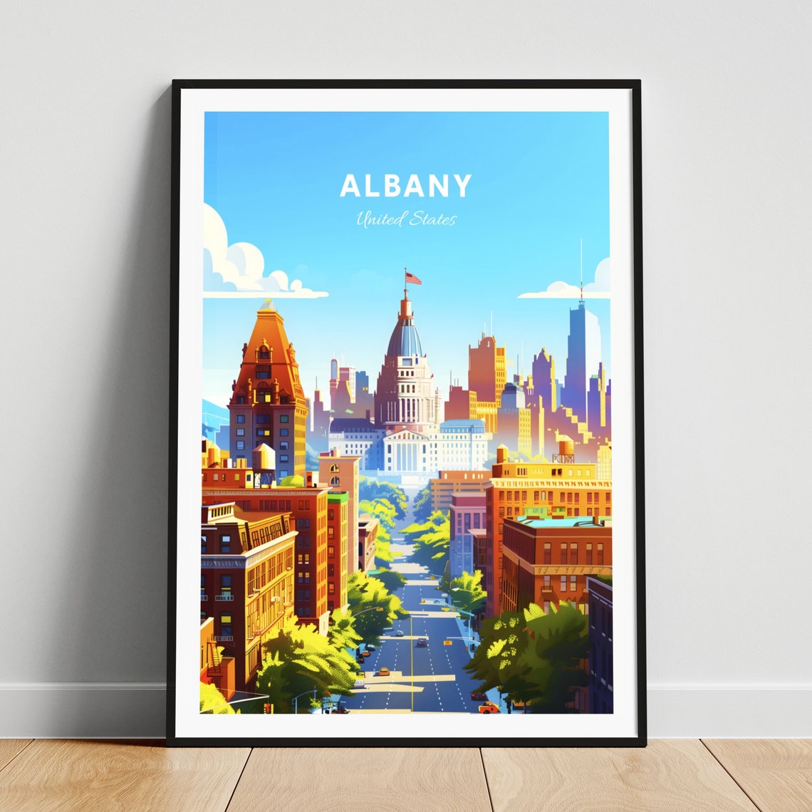 Albany New York Capitol Dome City Street Golden Travel Poster