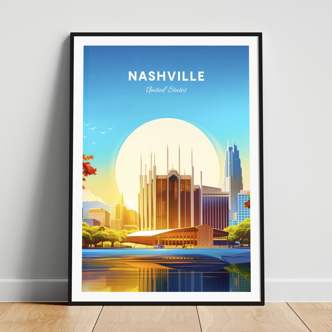 Nashville Tennessee Music Hall Waterfront Sunset Travel Poster