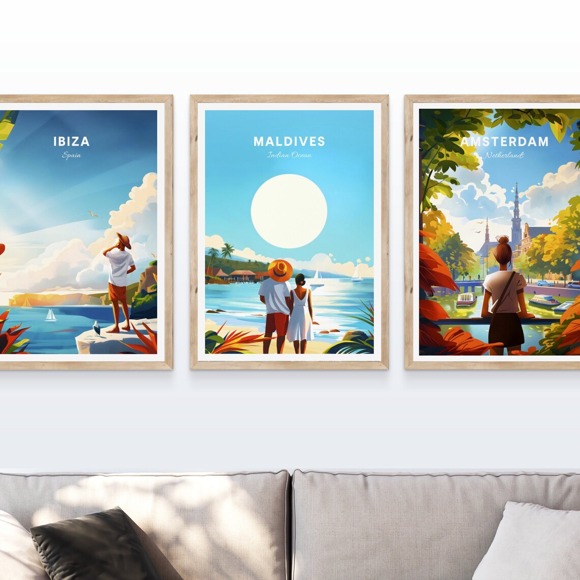 Maldives Beach Couple Romantic Sunset Sailboats Vintage Travel Poster - Image 4