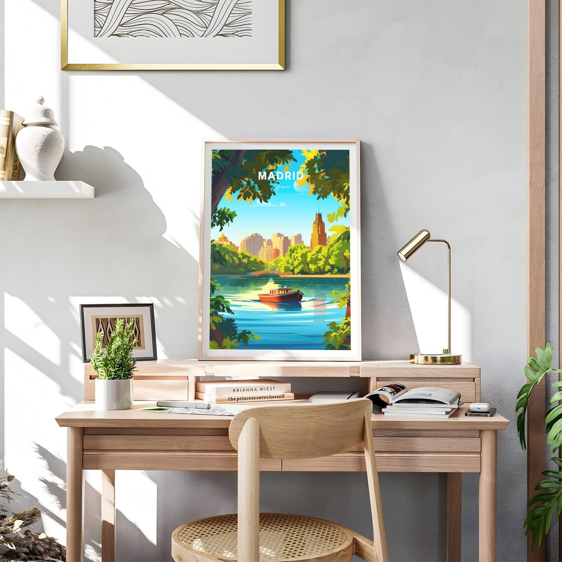Madrid Park Lake Red Boat City Skyline Leafy Trees Travel Poster - Image 4