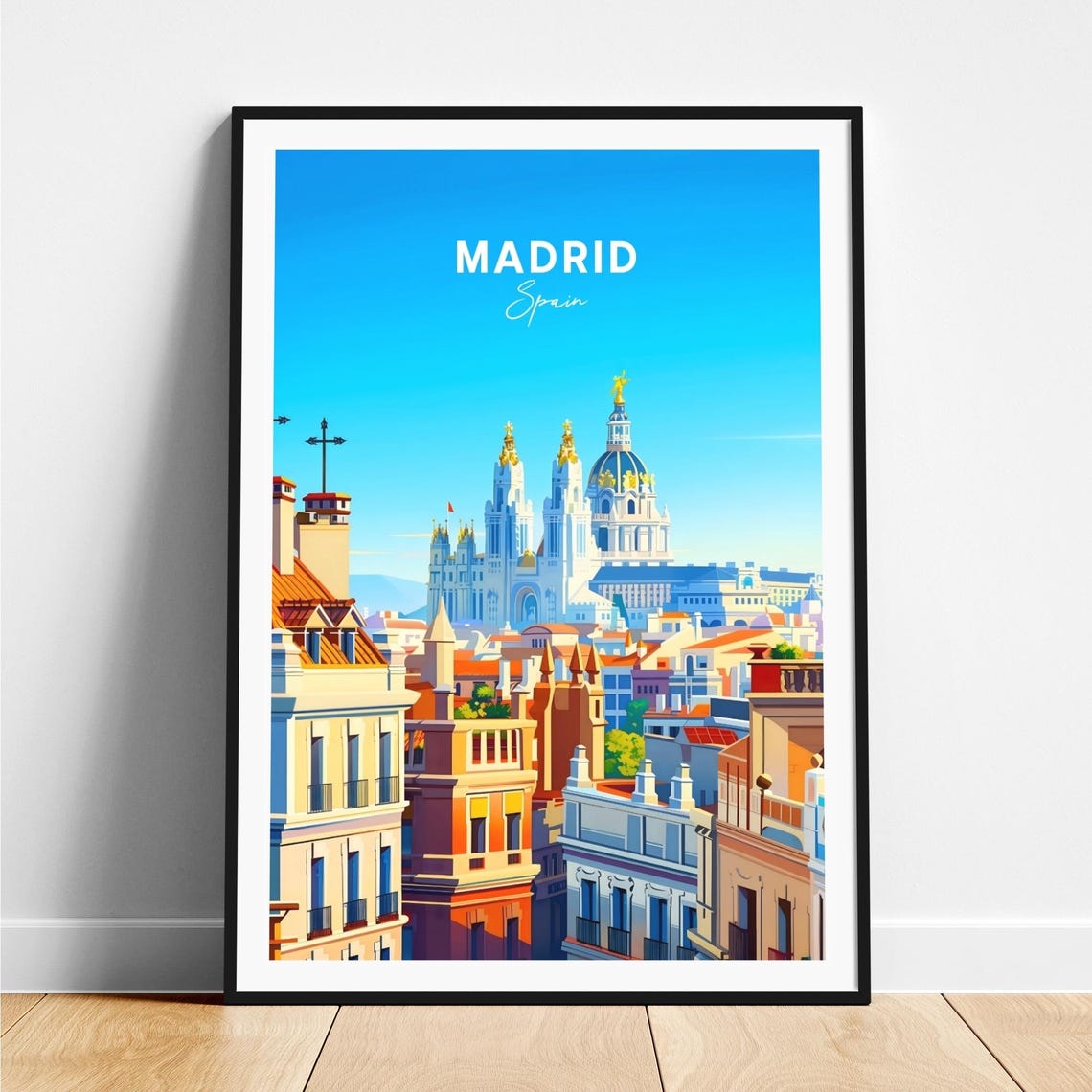 Madrid Rooftops Grand Domed Cathedral Blue Sky Panorama Travel Poster
