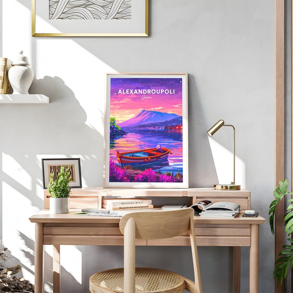 Alexandroupoli Greece Night Harbor Boat Moonlit Water Travel Poster - Image 4