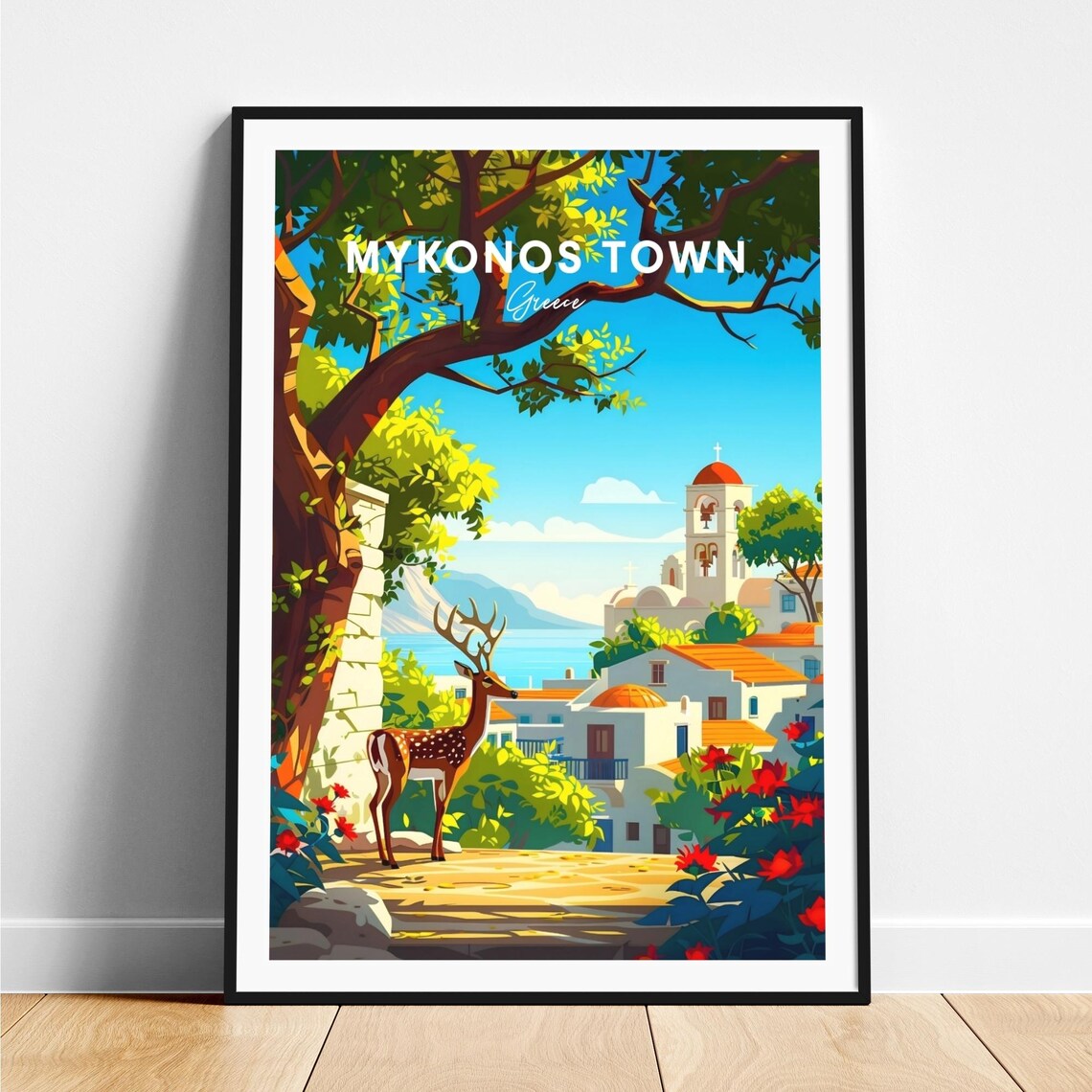 Mykonos Town Greece Deer Overlook Church Sea View Travel Poster