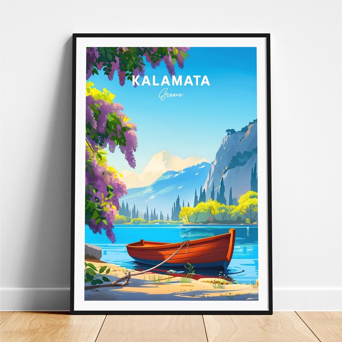 Kalamata Greece Wisteria Boat Mountain Lake Day Travel Poster