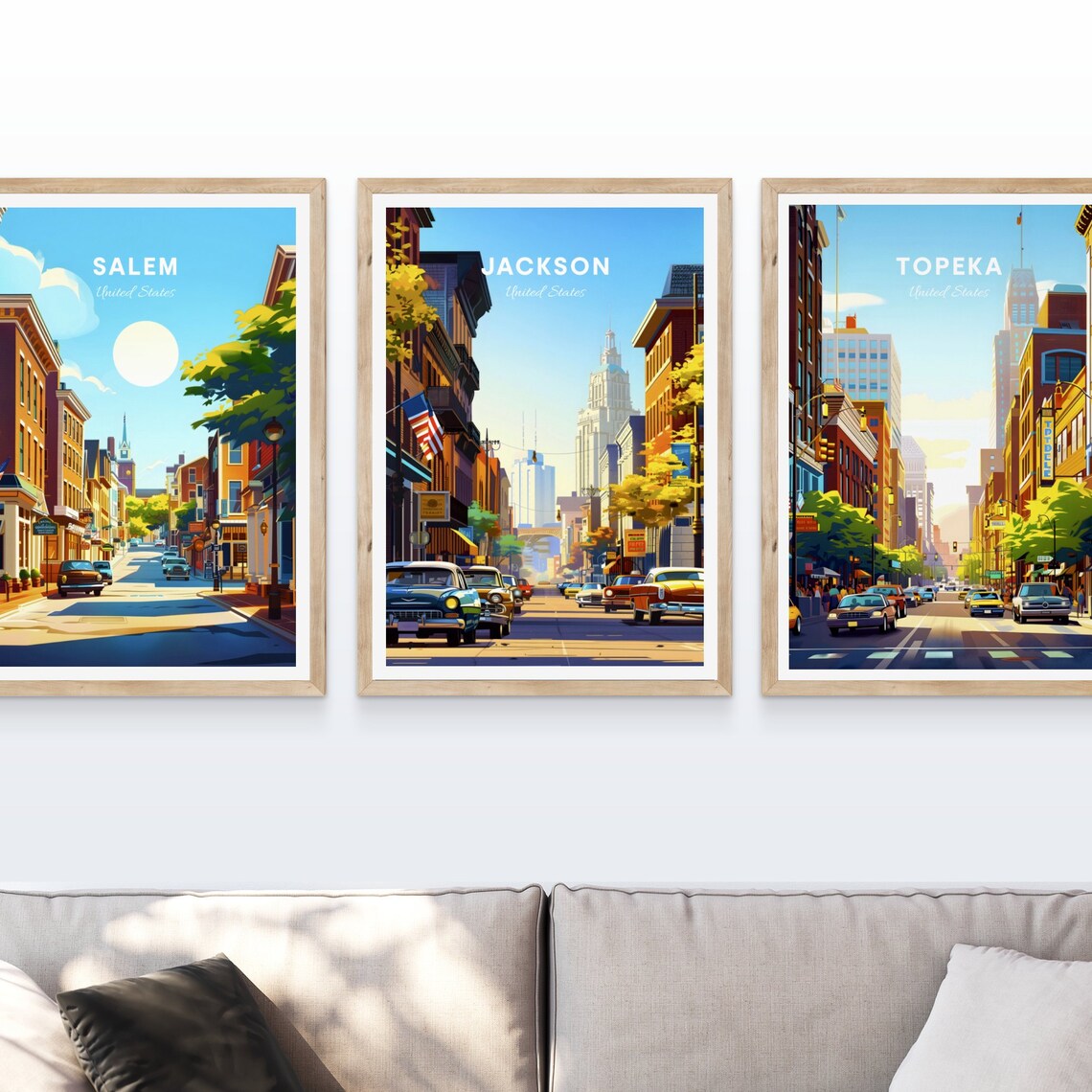 Jackson Classic Cars Street American Flag Skyline Travel Poster - Image 3