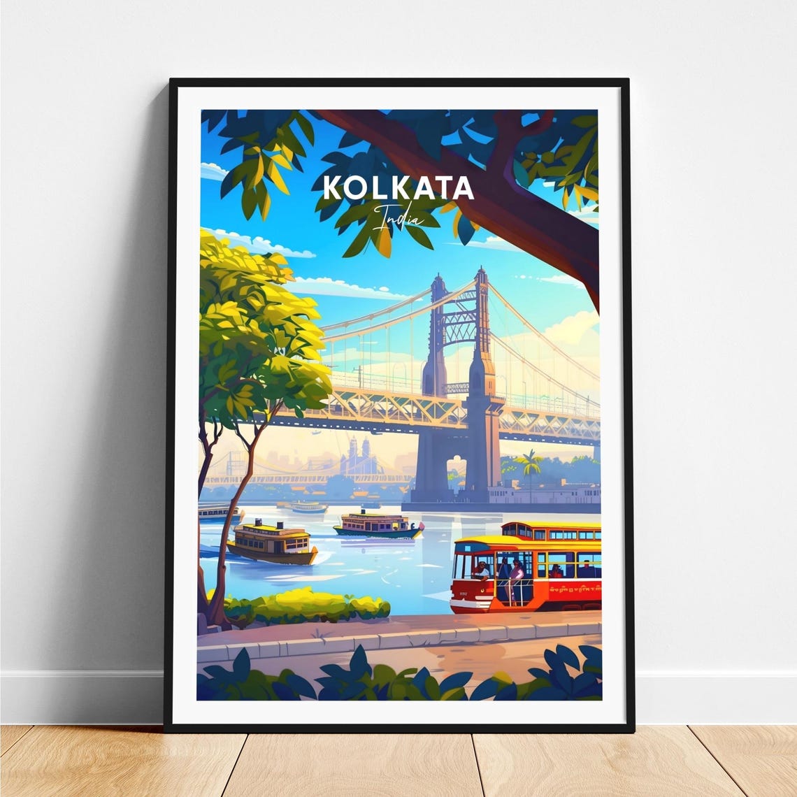 Kolkata India Howrah Bridge with River Ferries Travel Poster