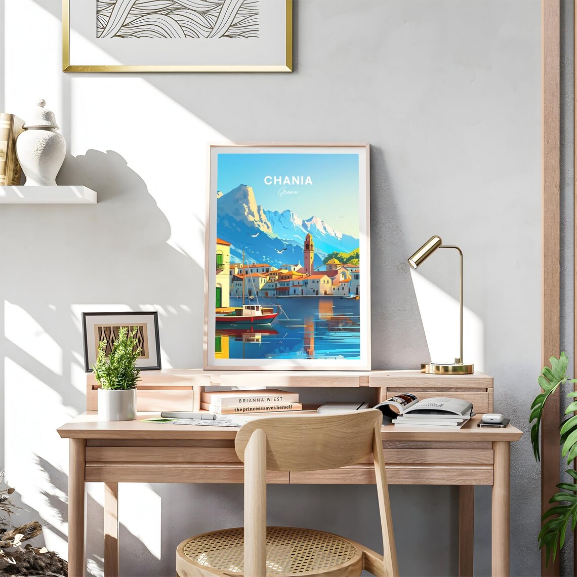 Chania Greece Venetian Harbor with Mountains and Fishing Boat Poster - Image 4