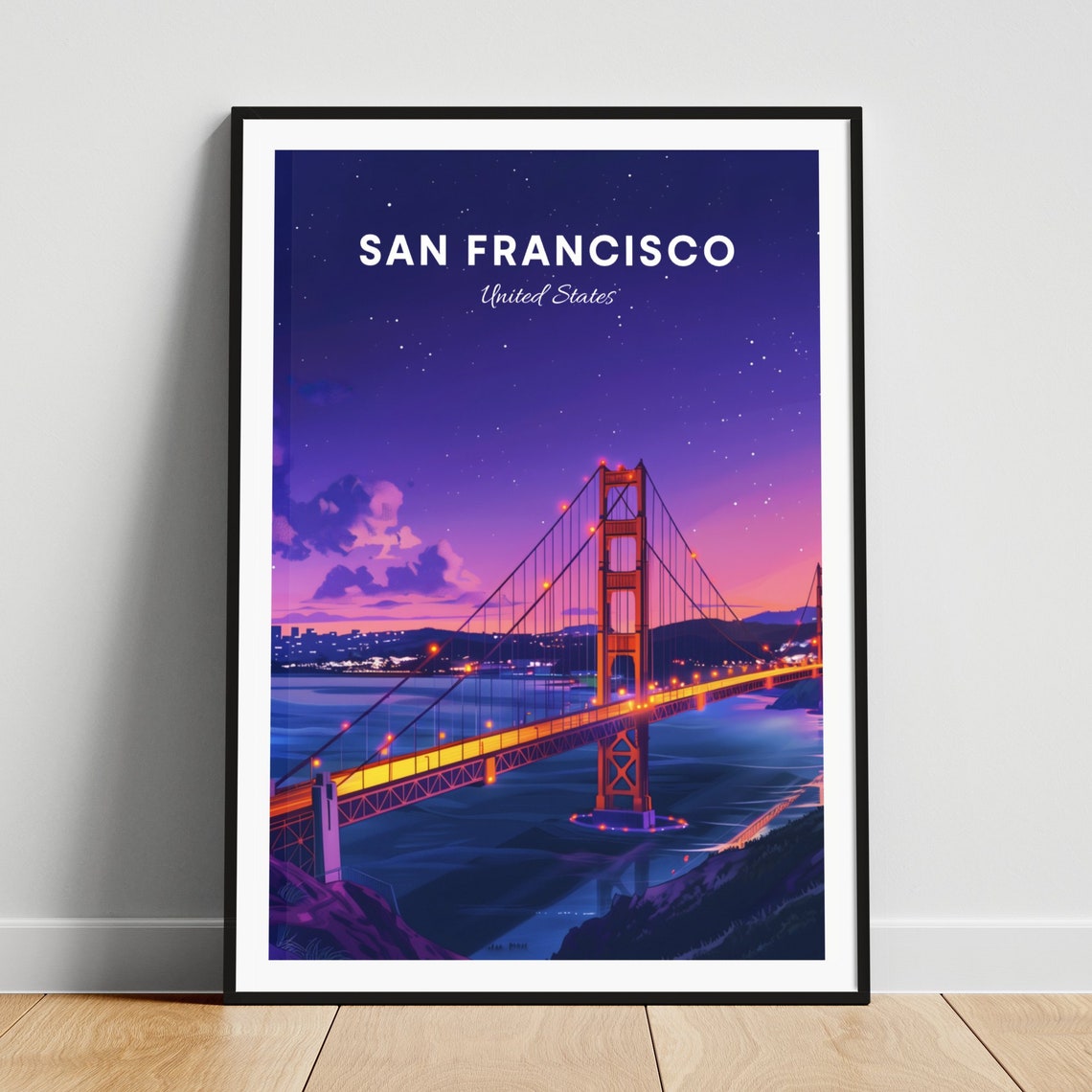 San Francisco Golden Gate Bridge Glowing Night Lights Starry Poster