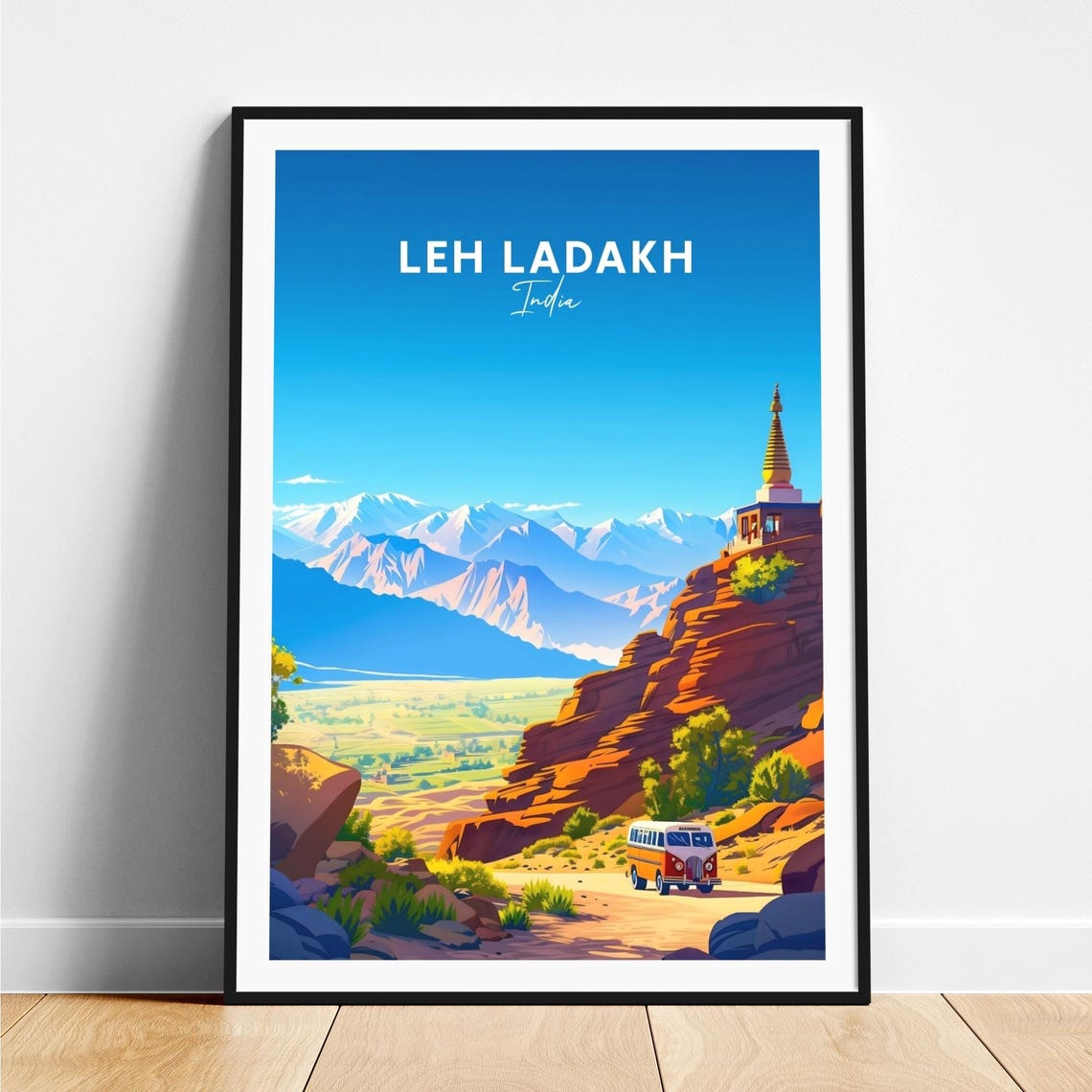 Leh Ladakh India Desert Valley Stupa Rocky Cliffs Travel Poster