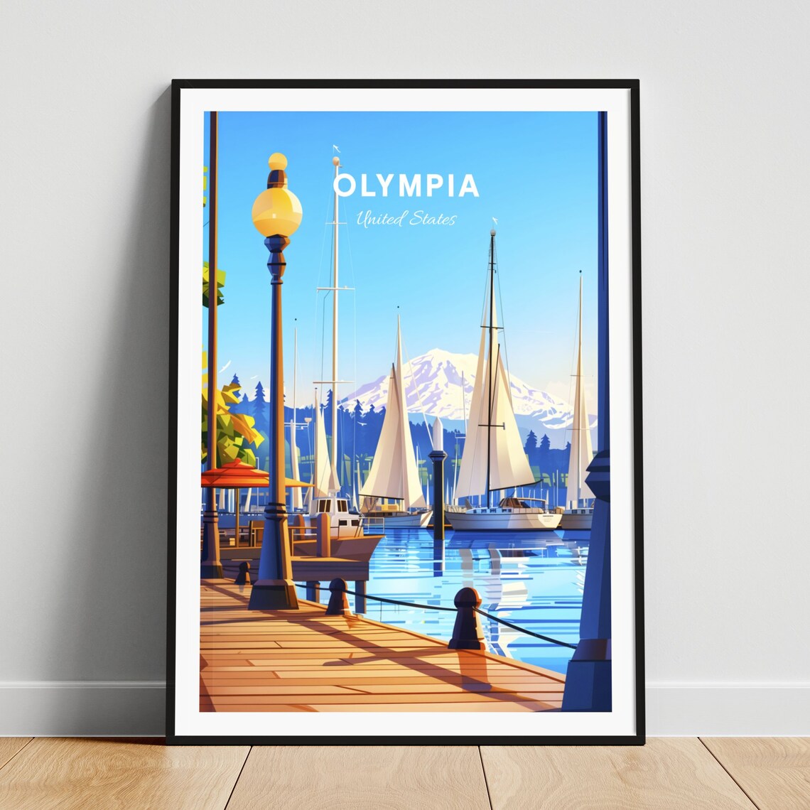 Olympia Washington Sailboat Marina Mountain Harbor Travel Poster