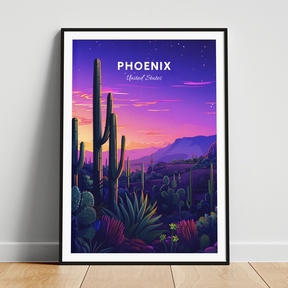 Phoenix Arizona Starry Night Desert Saguaro Cactus Travel Poster