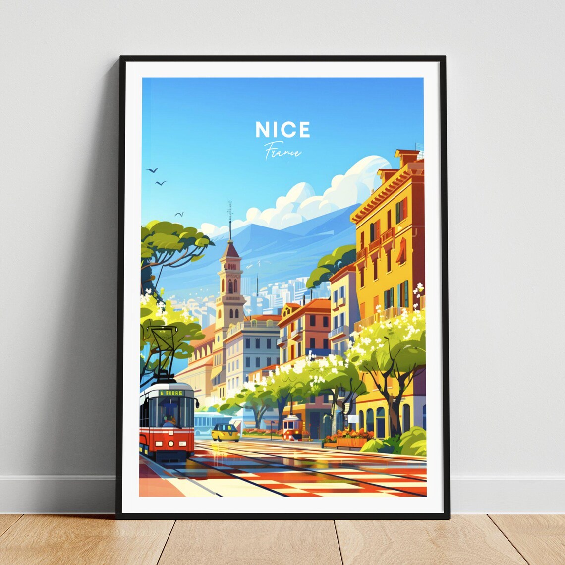 Nice France City Tram Square Bell Tower Colorful Buildings Poster