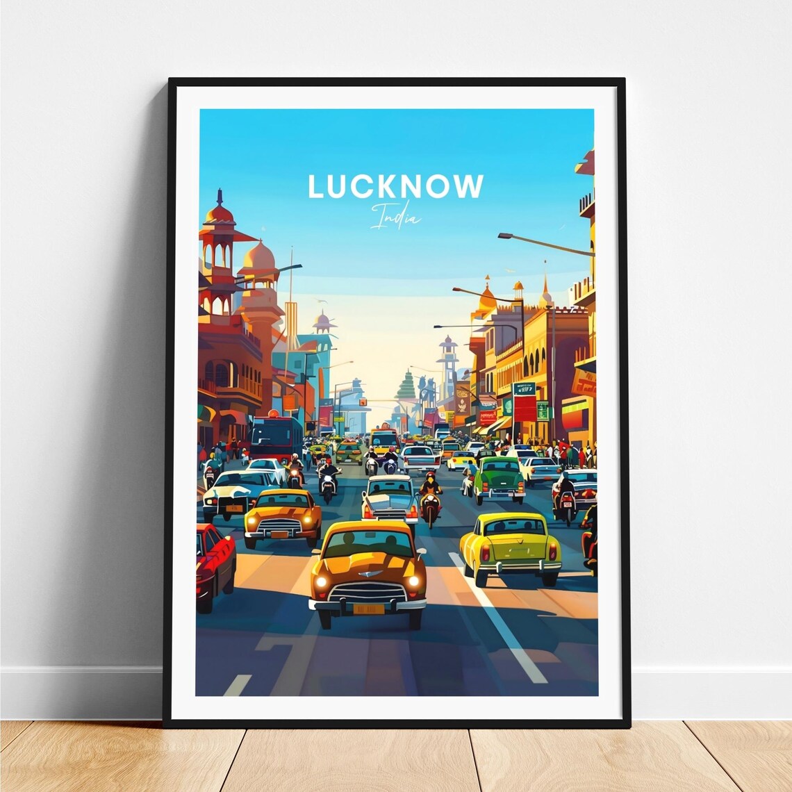 Lucknow India Bustling Street with Classic Taxis at Dusk Poster