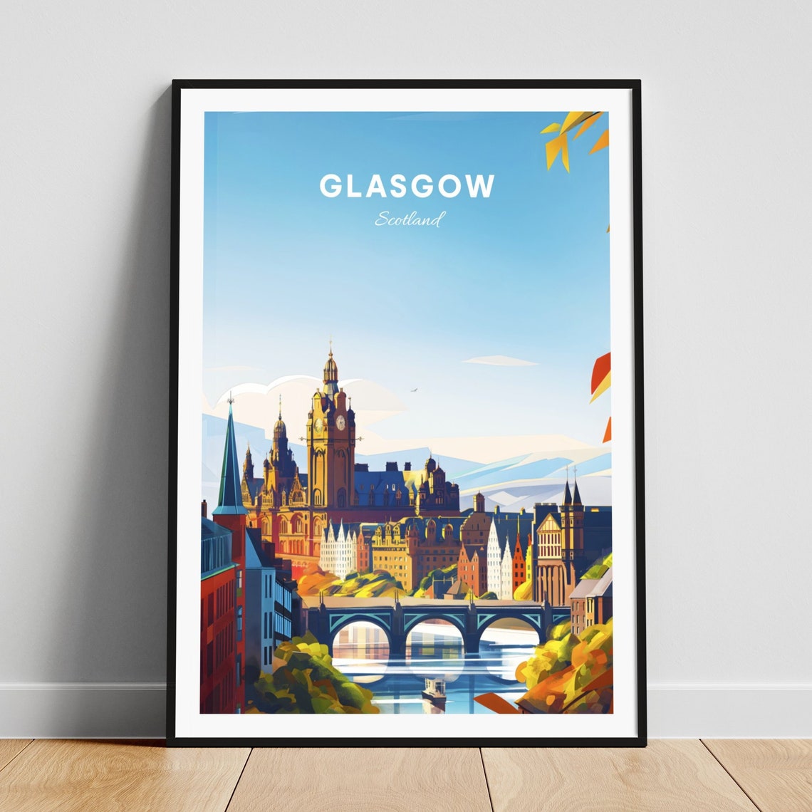 Glasgow Scotland Old Town Clock Tower River Bridge Travel Poster