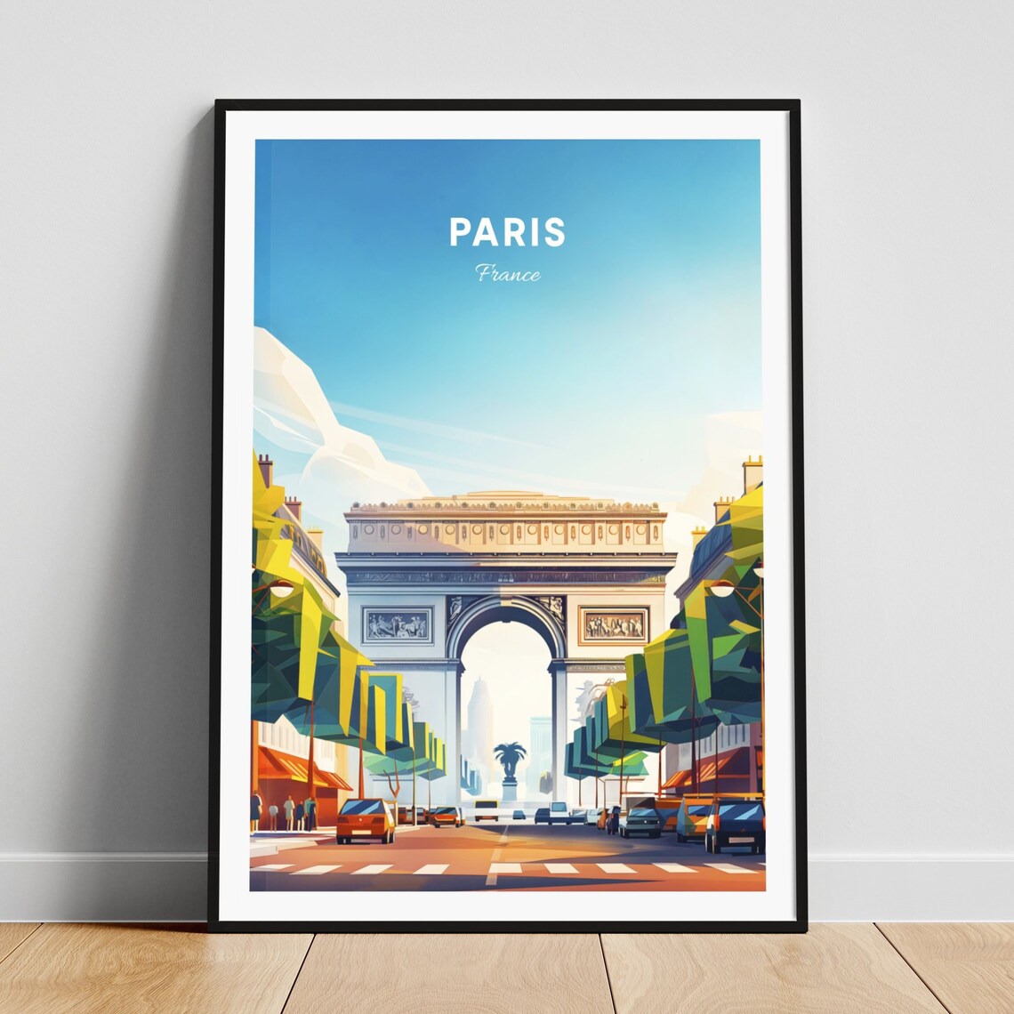 Paris France Arc de Triomphe Grand Avenue Traffic Scene Travel Poster