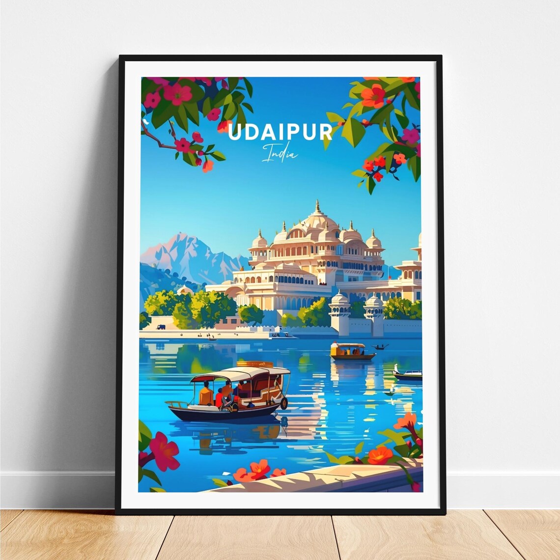 Udaipur Lake Palace Boats Mountains India Vintage Travel Poster