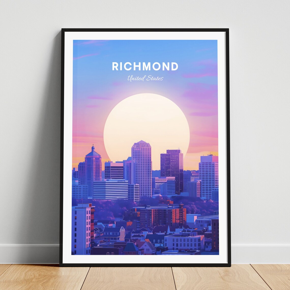 Richmond Skyline Big Sun Rising Pastel Pink Purple Travel Poster