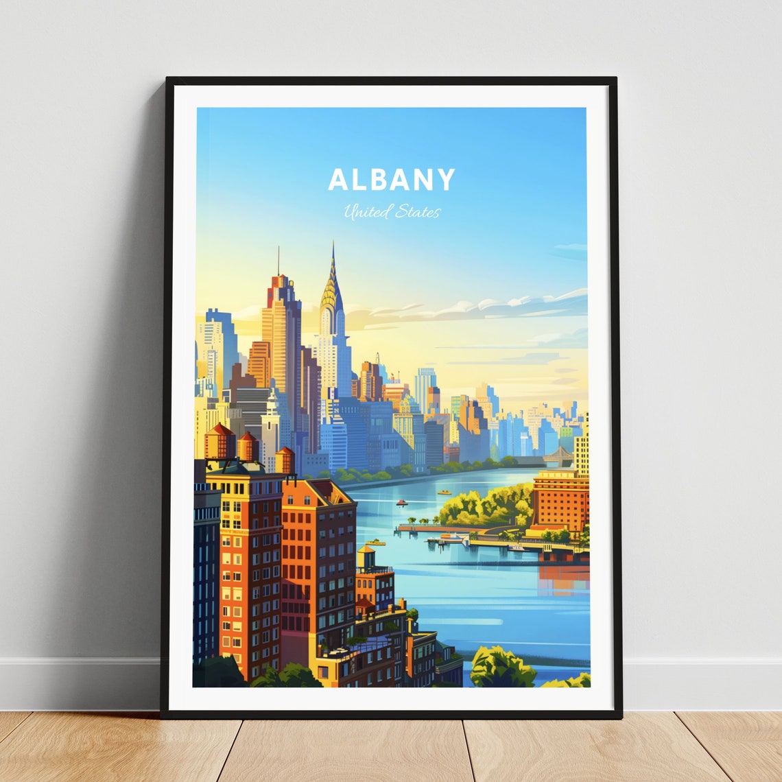 Albany New York Waterfront Skyline Sunrise Golden Travel Poster