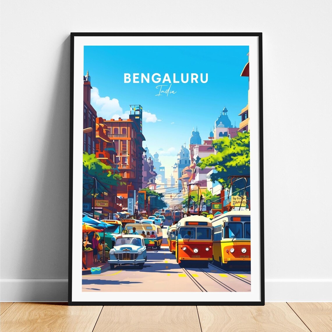 Bengaluru India Bustling Street Tram Scene Vintage Style Travel Poster