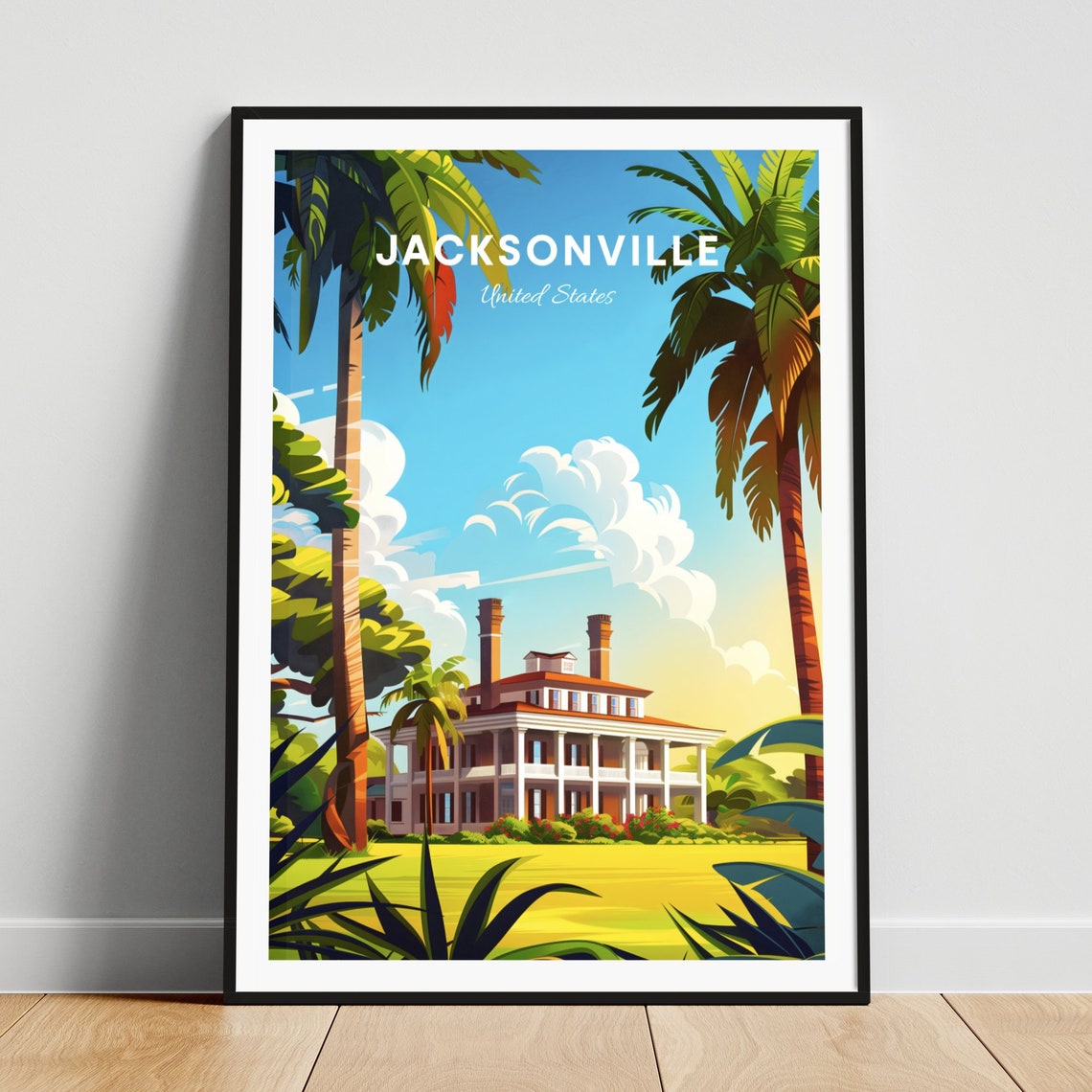 Jacksonville Florida Plantation House Among Palms Travel Poster