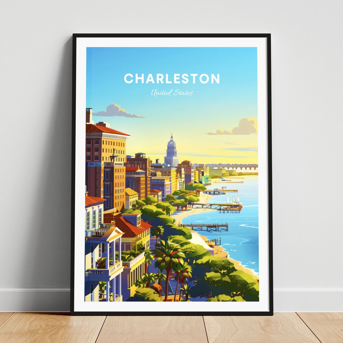 Charleston Waterfront Piers Beach Downtown View Travel Poster
