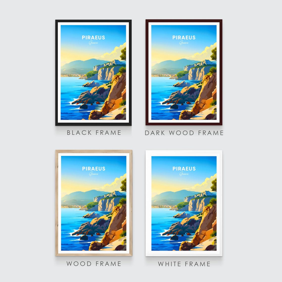 Piraeus Greece Rocky Cliffs Coastline Seaside Village Travel Poster - Image 3