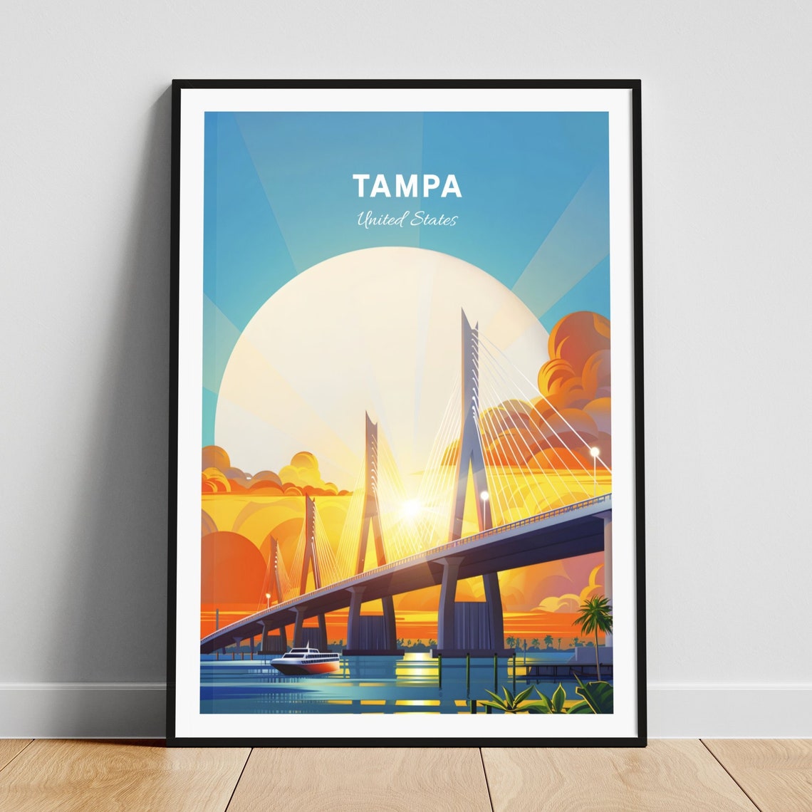 Tampa Bay Bridge Sunset Boat Harbor Golden Skyline Retro Poster