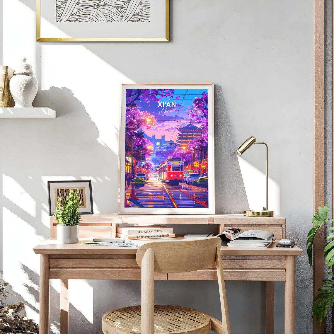 Xian China Neon Night Tram Street Blossom City Lights Glow Poster - Image 4