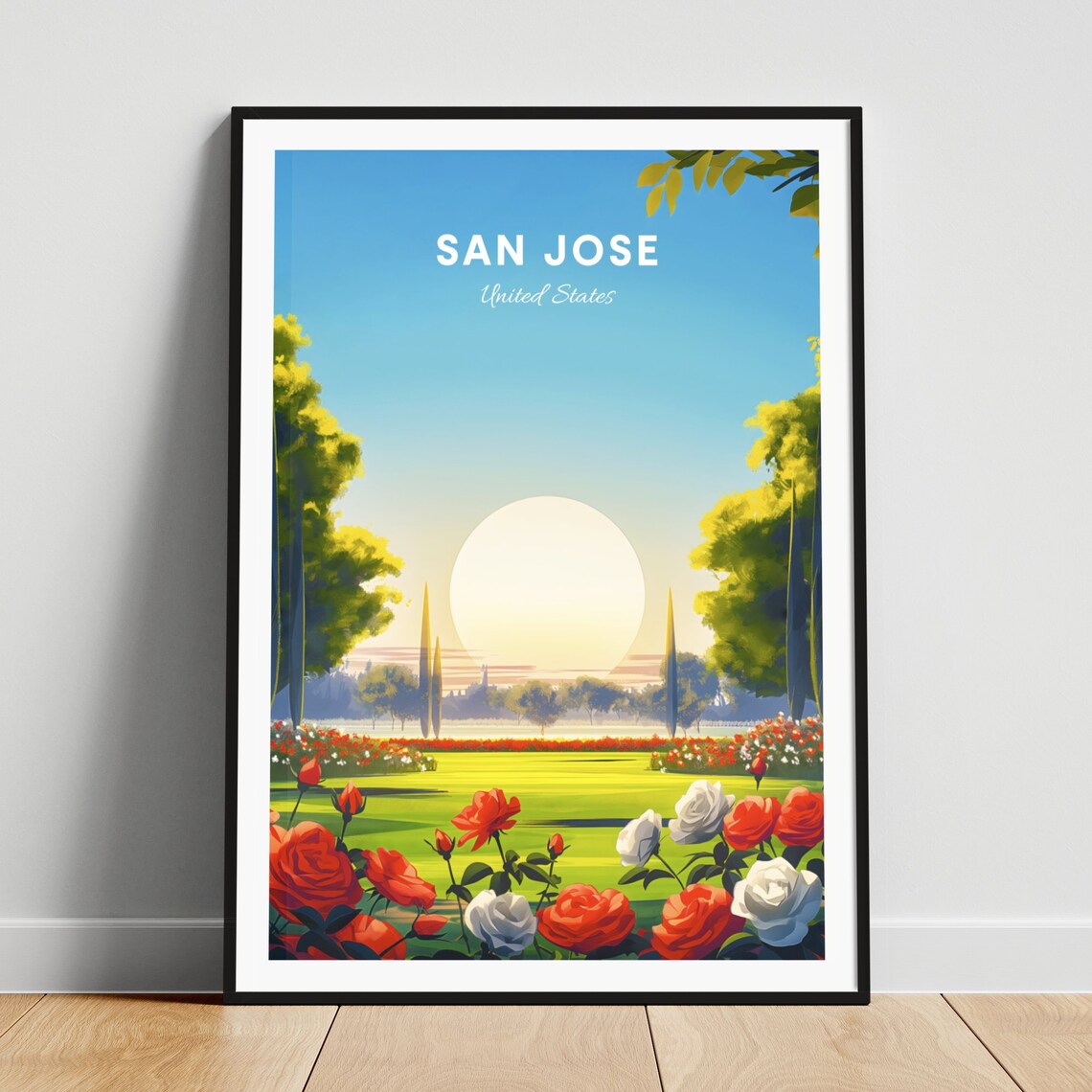 San Jose Rose Garden Red White Roses Sunny Bloom Travel Poster