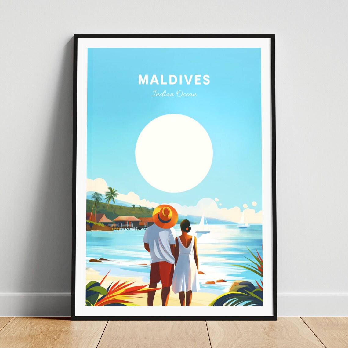 Maldives Beach Couple Romantic Sunset Sailboats Vintage Travel Poster