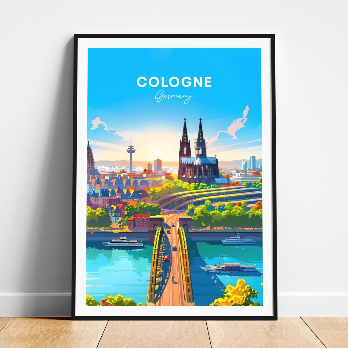 Cologne Cathedral Twin Spires Rhine Bridge Sunny Travel Poster