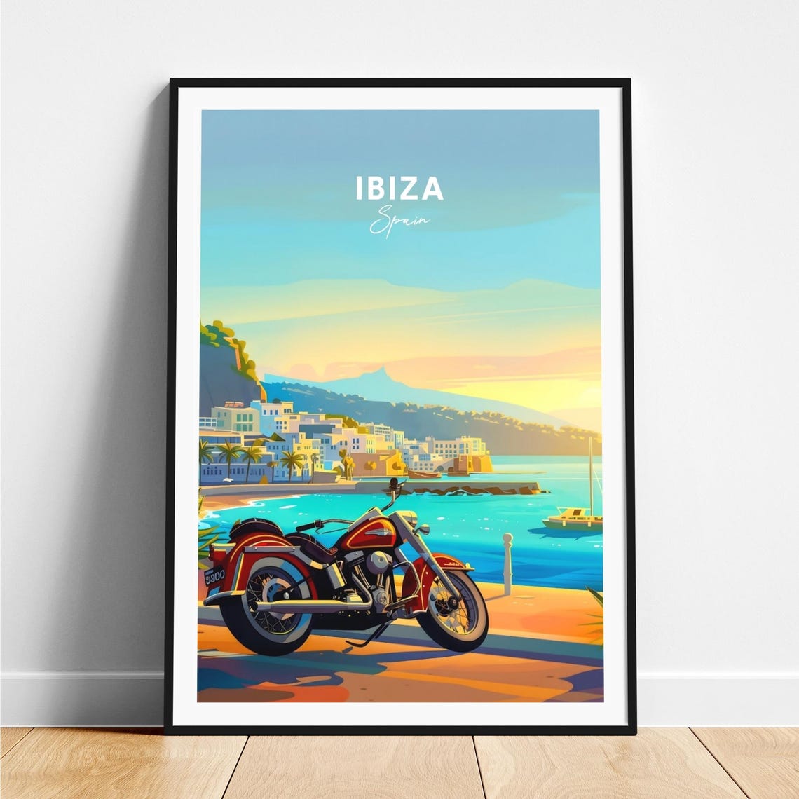 Ibiza Spain Red Motorcycle Waterfront Old Town Sunset Poster