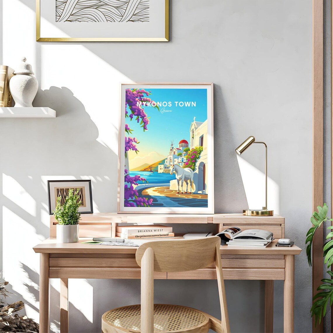 Mykonos Town Greece White Horse Church Square Blossom Travel Poster - Image 4