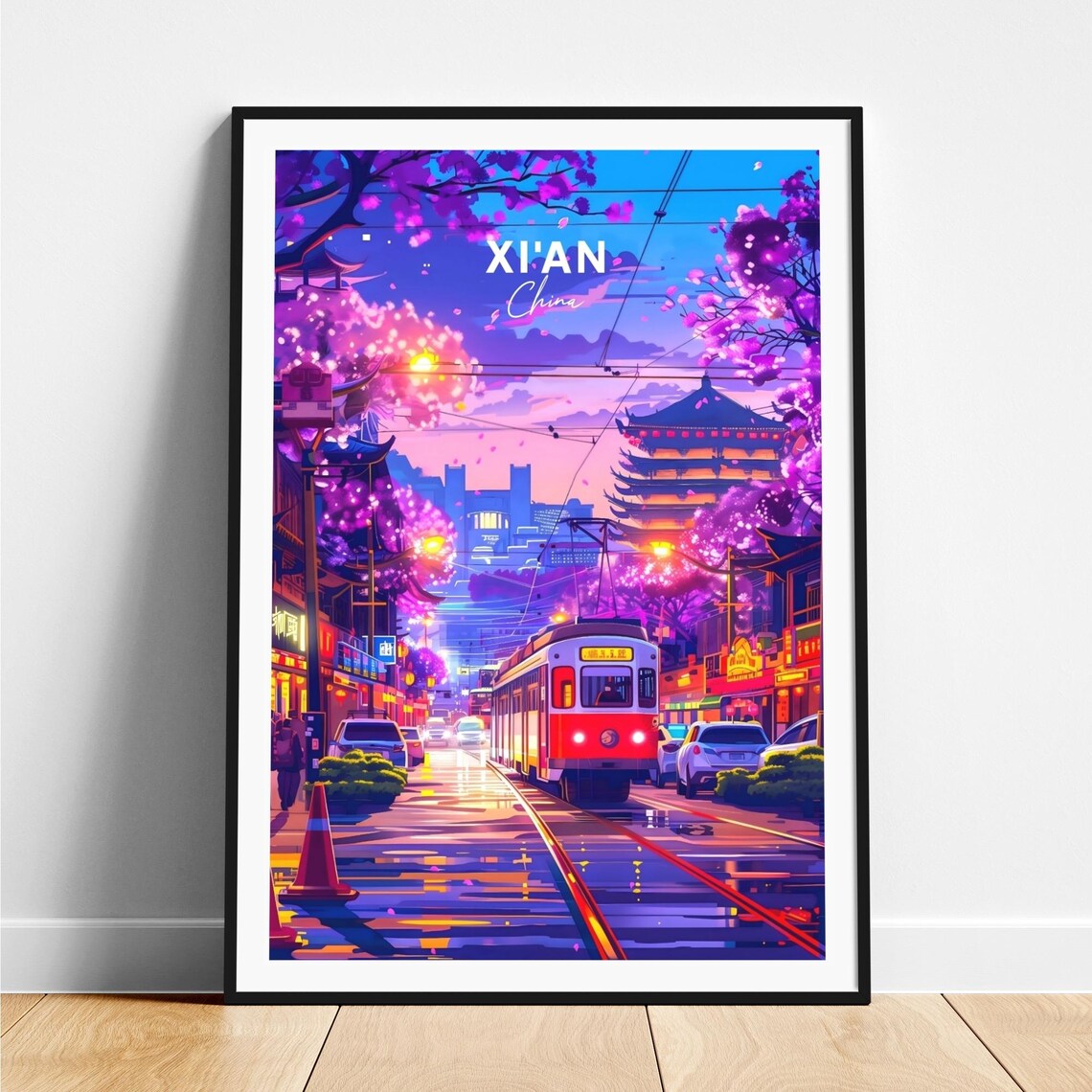 Xian China Neon Night Tram Street Blossom City Lights Glow Poster