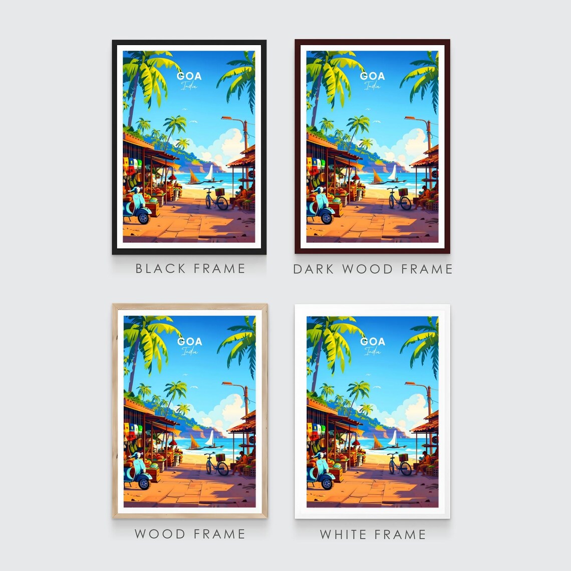 Goa India Beach Market Stalls Sailboat Palms Blue Day Travel Poster - Image 3