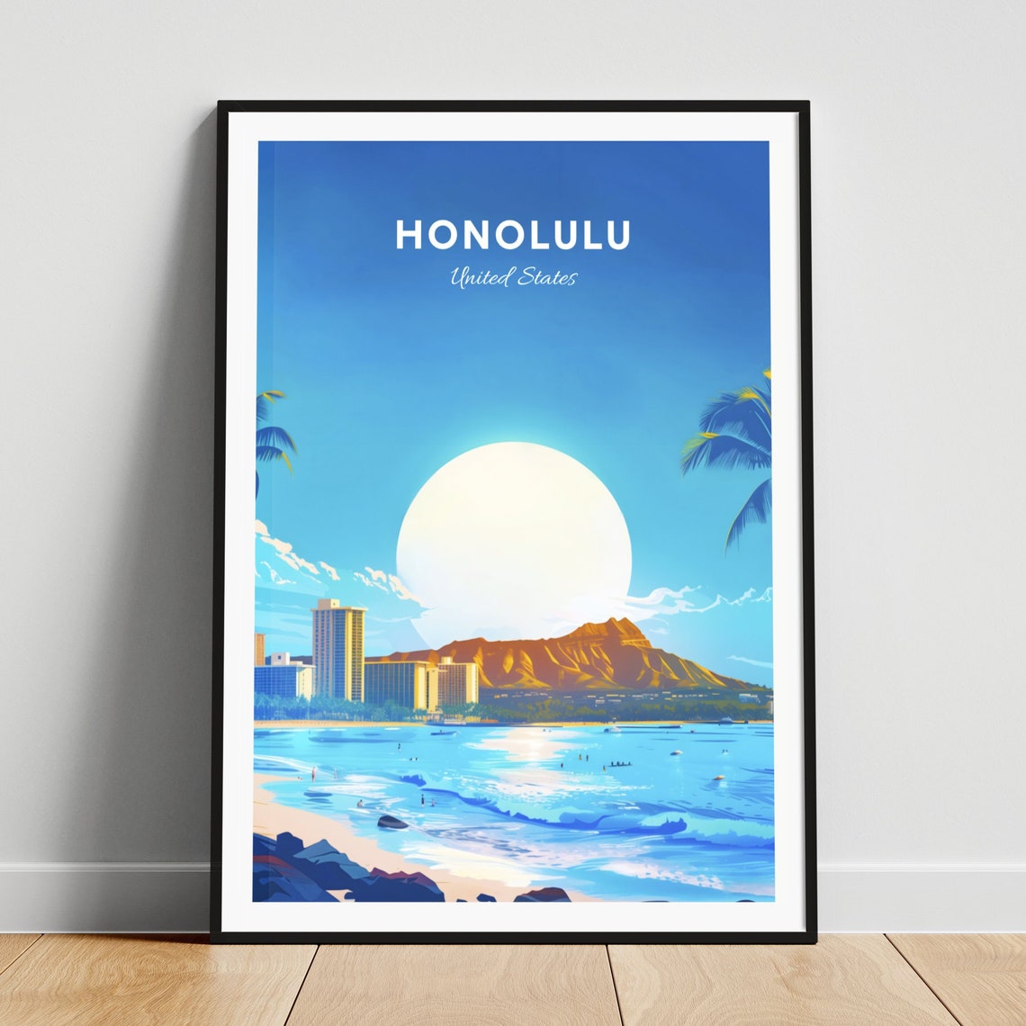 Honolulu Hawaii Waikiki Beach Diamond Head Sun Travel Poster
