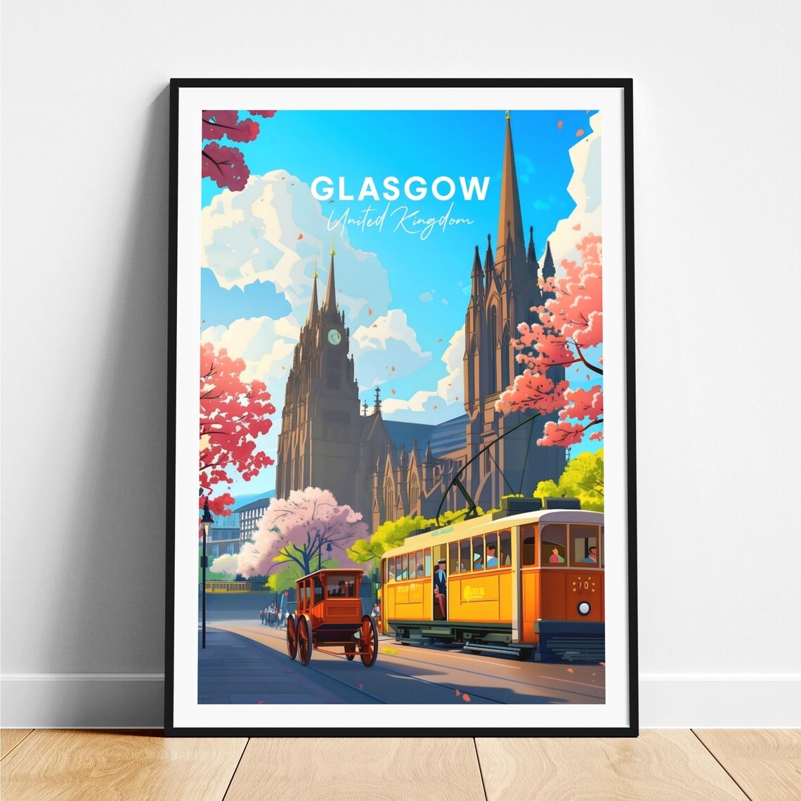 Glasgow Scotland Cathedral Trams Cherry Blossom Travel Poster