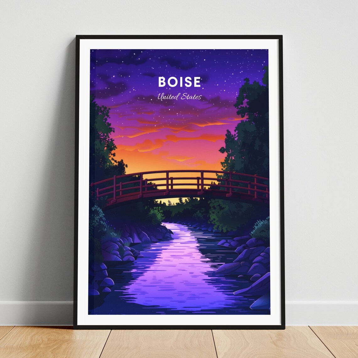 Boise Idaho Sunset River Bridge Over Calm Water Travel Poster