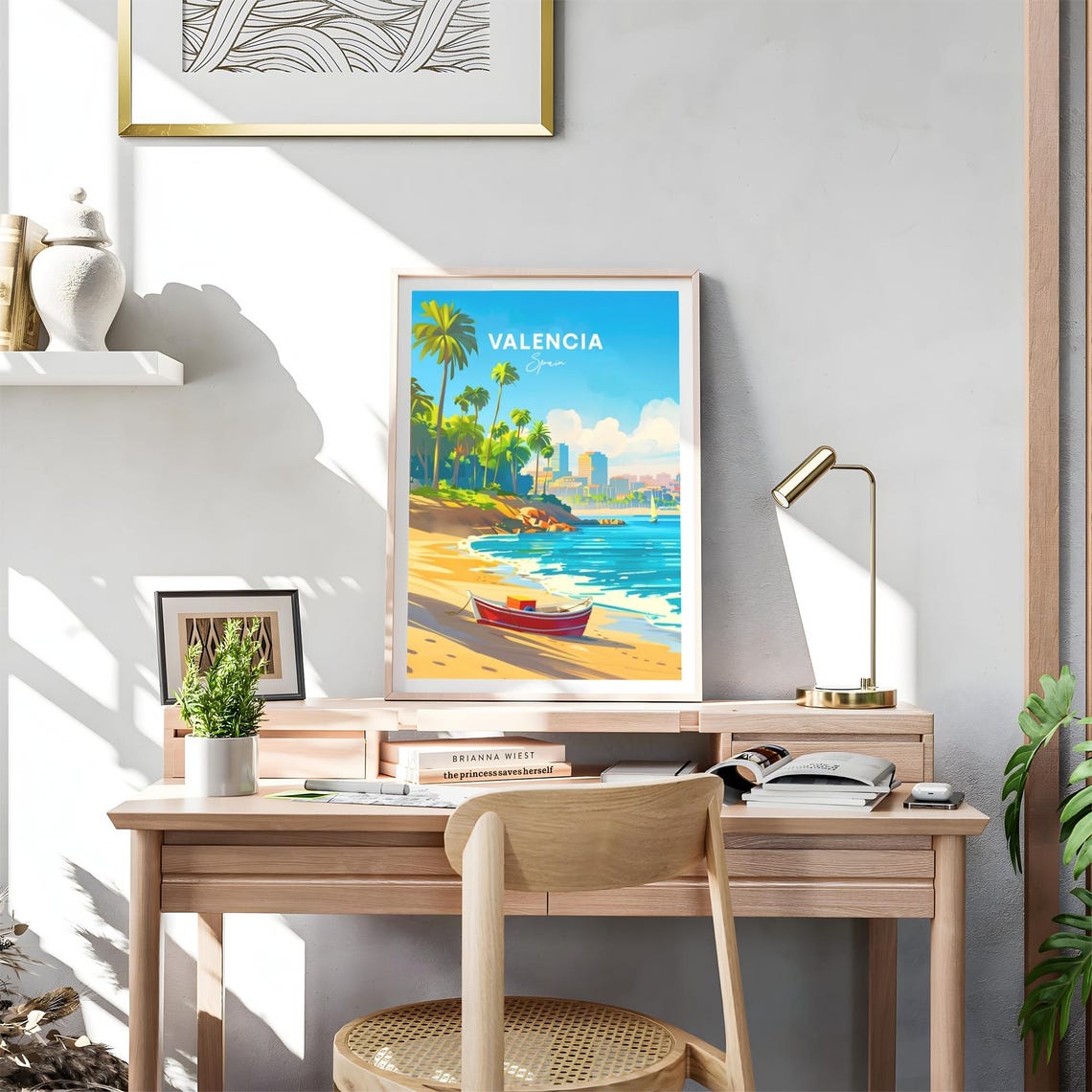 Valencia Beach Palm Trees Red Boat Sunny Shoreline Travel Poster - Image 4