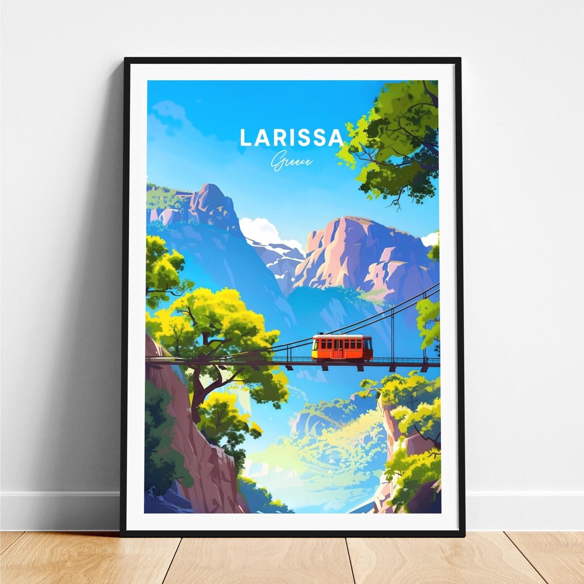 Larissa Greece Red Cable Car Crossing a Mountain Gorge Poster