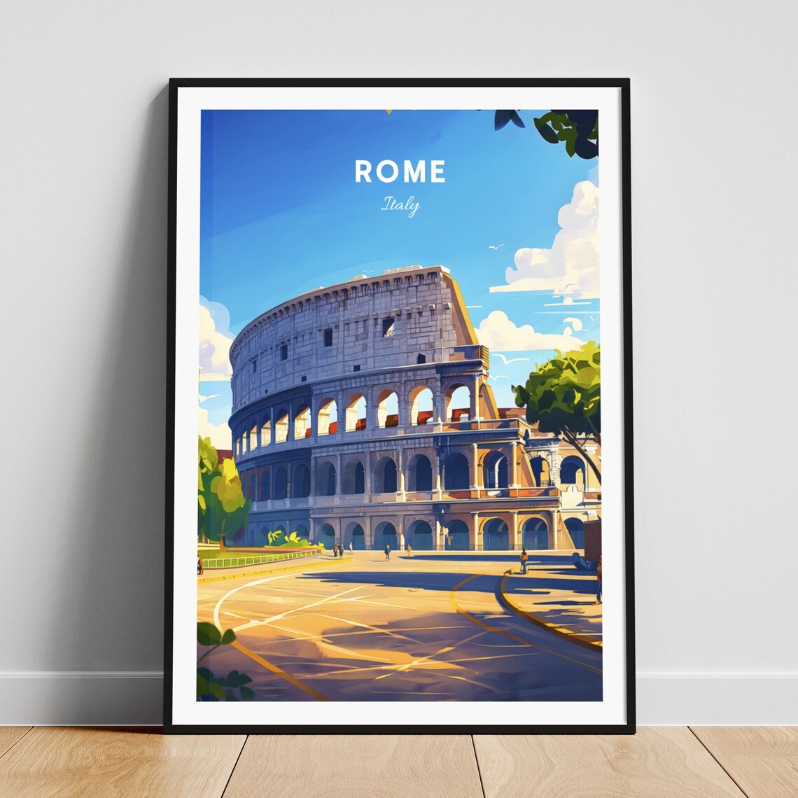 Rome Italy Colosseum Ancient Amphitheater Sunlit Plaza Travel Poster