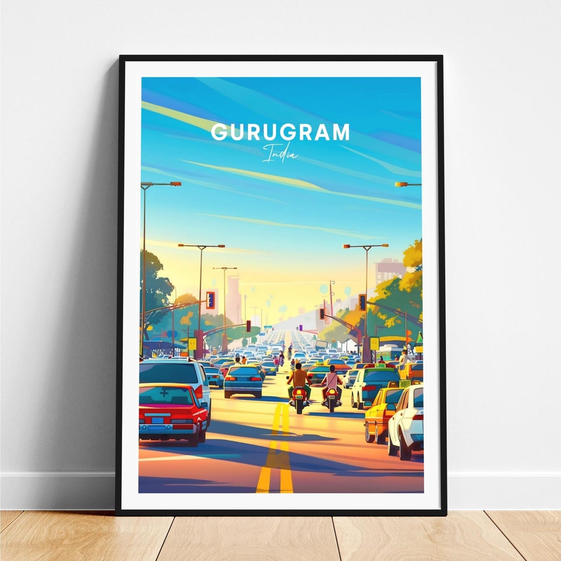 Gurugram India Busy Boulevard at Rush Hour Sunset Travel Poster
